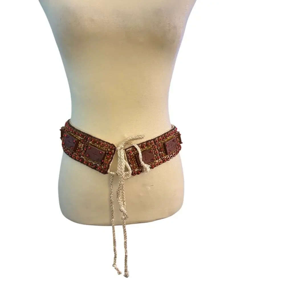 Boho handmade Beaded Wood Square Accent Wide Waist Belt Tie Sash Women 31.5